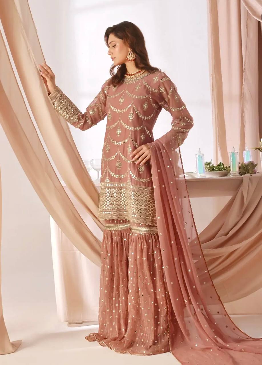 Designer Faux Georgette Embroidered Kurti Sharara Set with Dupatta | Party Wear – D.No. 1369