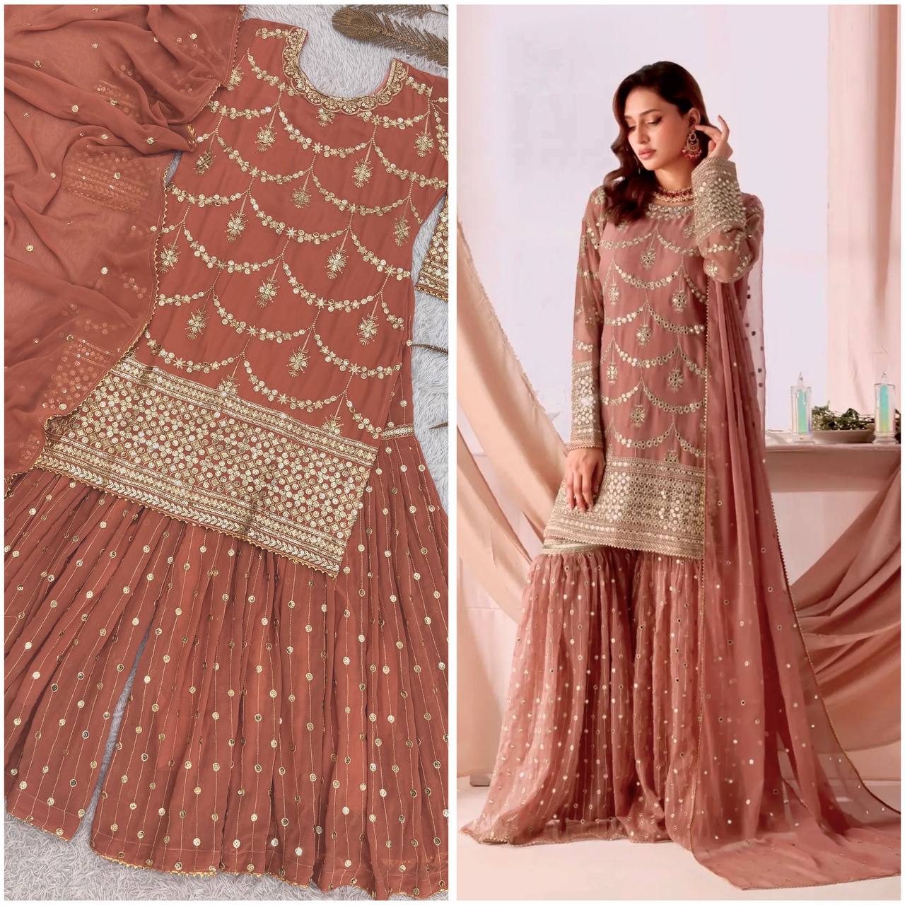 Designer Faux Georgette Embroidered Kurti Sharara Set with Dupatta | Party Wear – D.No. 1369