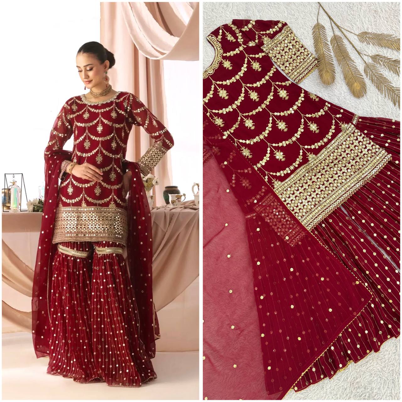 Designer Faux Georgette Embroidered Kurti Sharara Set with Dupatta | Party Wear – D.No. 1369