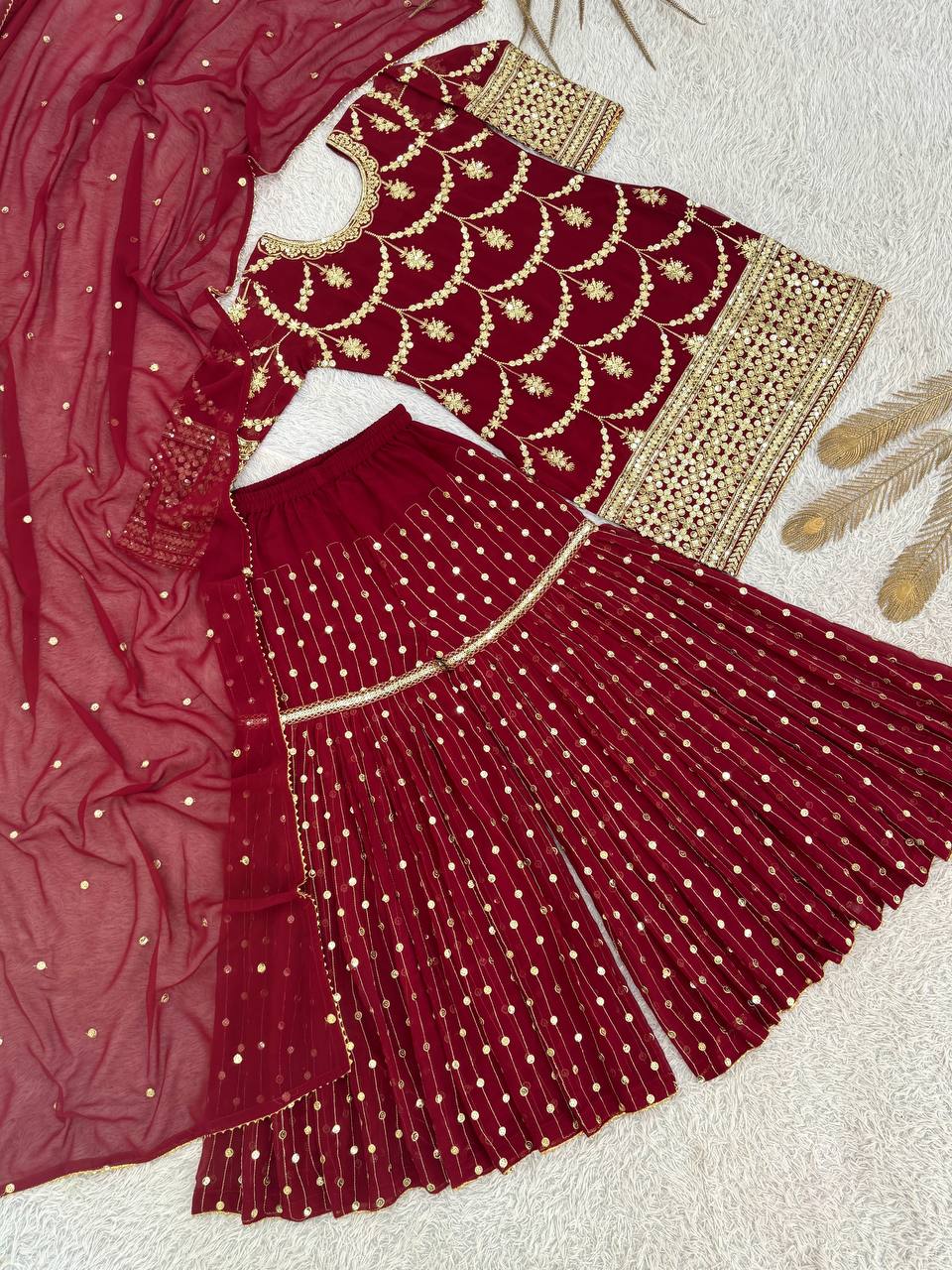 Designer Faux Georgette Embroidered Kurti Sharara Set with Dupatta | Party Wear – D.No. 1369