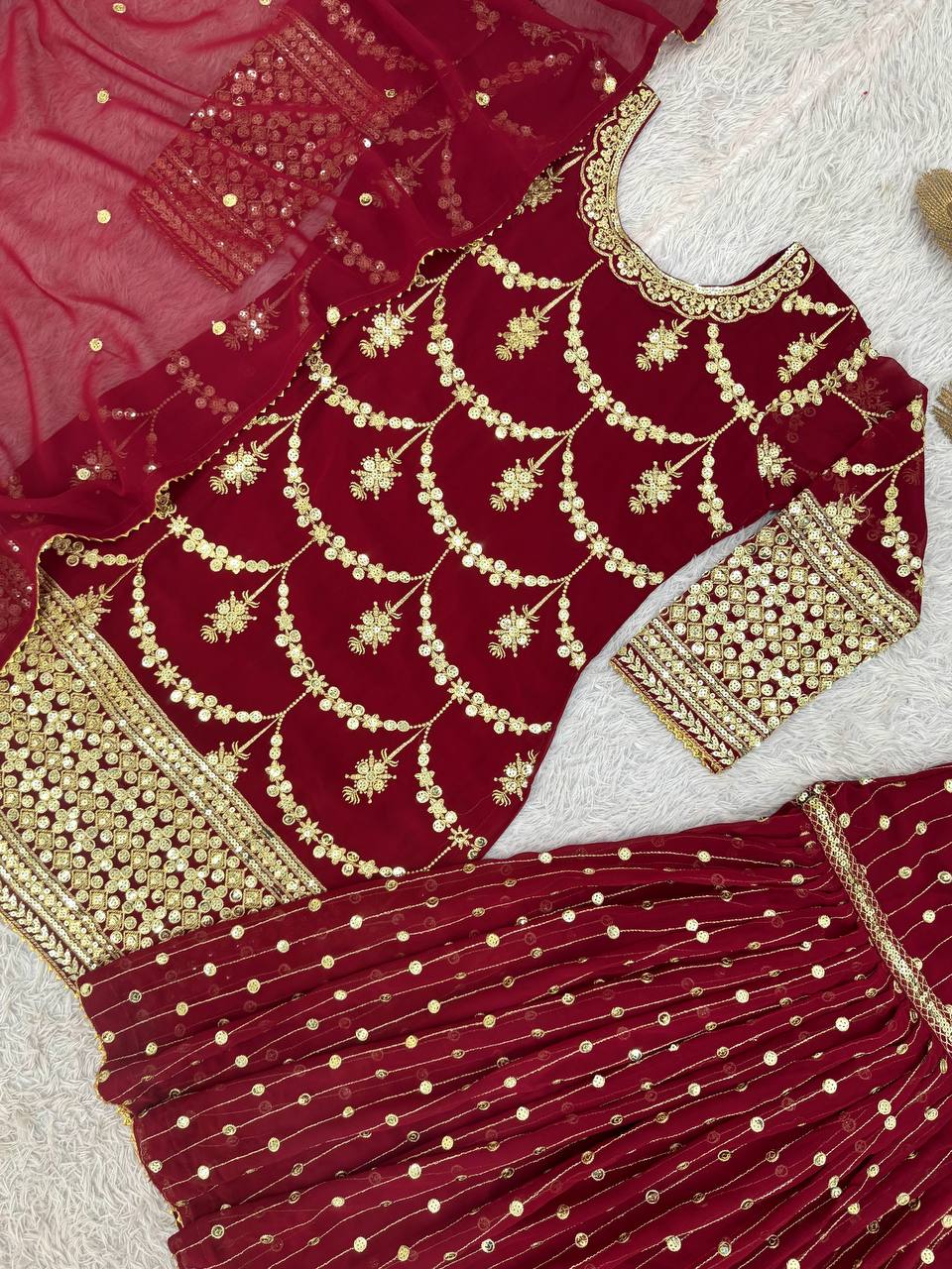 Designer Faux Georgette Embroidered Kurti Sharara Set with Dupatta | Party Wear – D.No. 1369