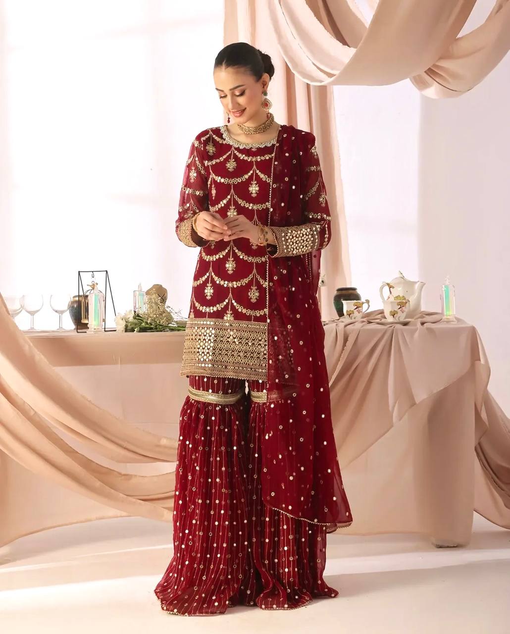 Designer Faux Georgette Embroidered Kurti Sharara Set with Dupatta | Party Wear – D.No. 1369