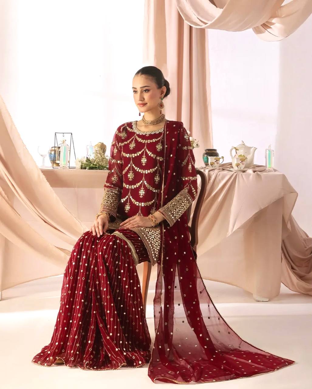 Designer Faux Georgette Embroidered Kurti Sharara Set with Dupatta | Party Wear – D.No. 1369