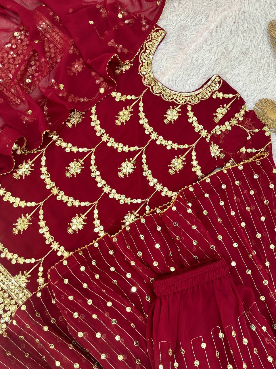 Designer Faux Georgette Embroidered Kurti Sharara Set with Dupatta | Party Wear – D.No. 1369