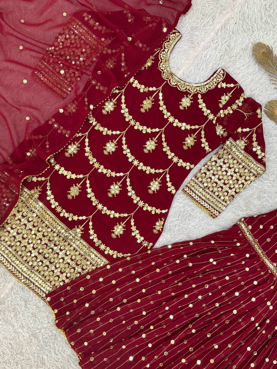 Designer Faux Georgette Embroidered Kurti Sharara Set with Dupatta | Party Wear – D.No. 1369
