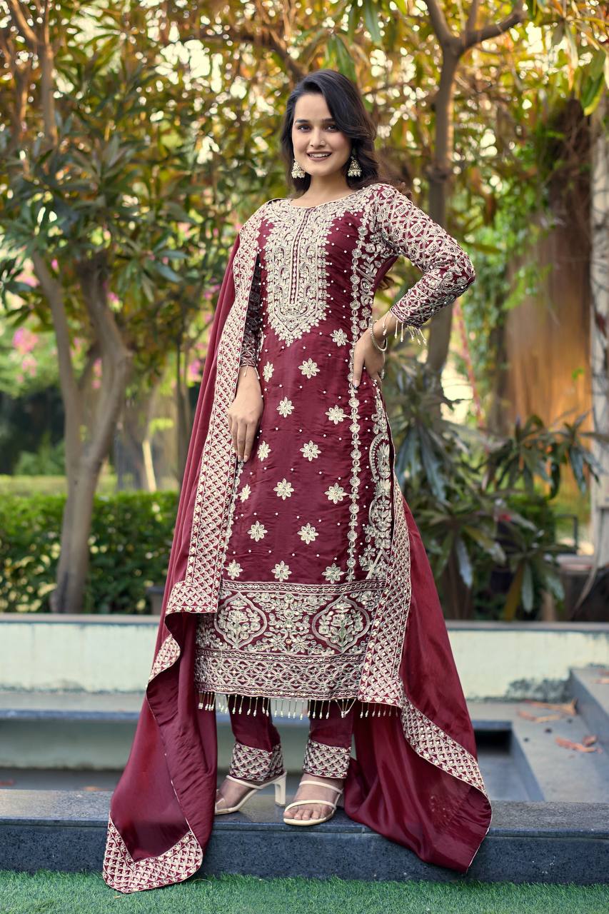 Designer GMY Silk Embroidered Top Pant Set with Dupatta | 3mm Sequins Work – D.No. 1525