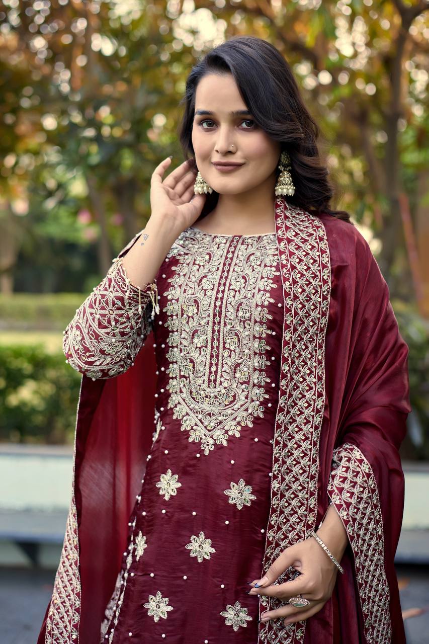 Designer GMY Silk Embroidered Top Pant Set with Dupatta | 3mm Sequins Work – D.No. 1525