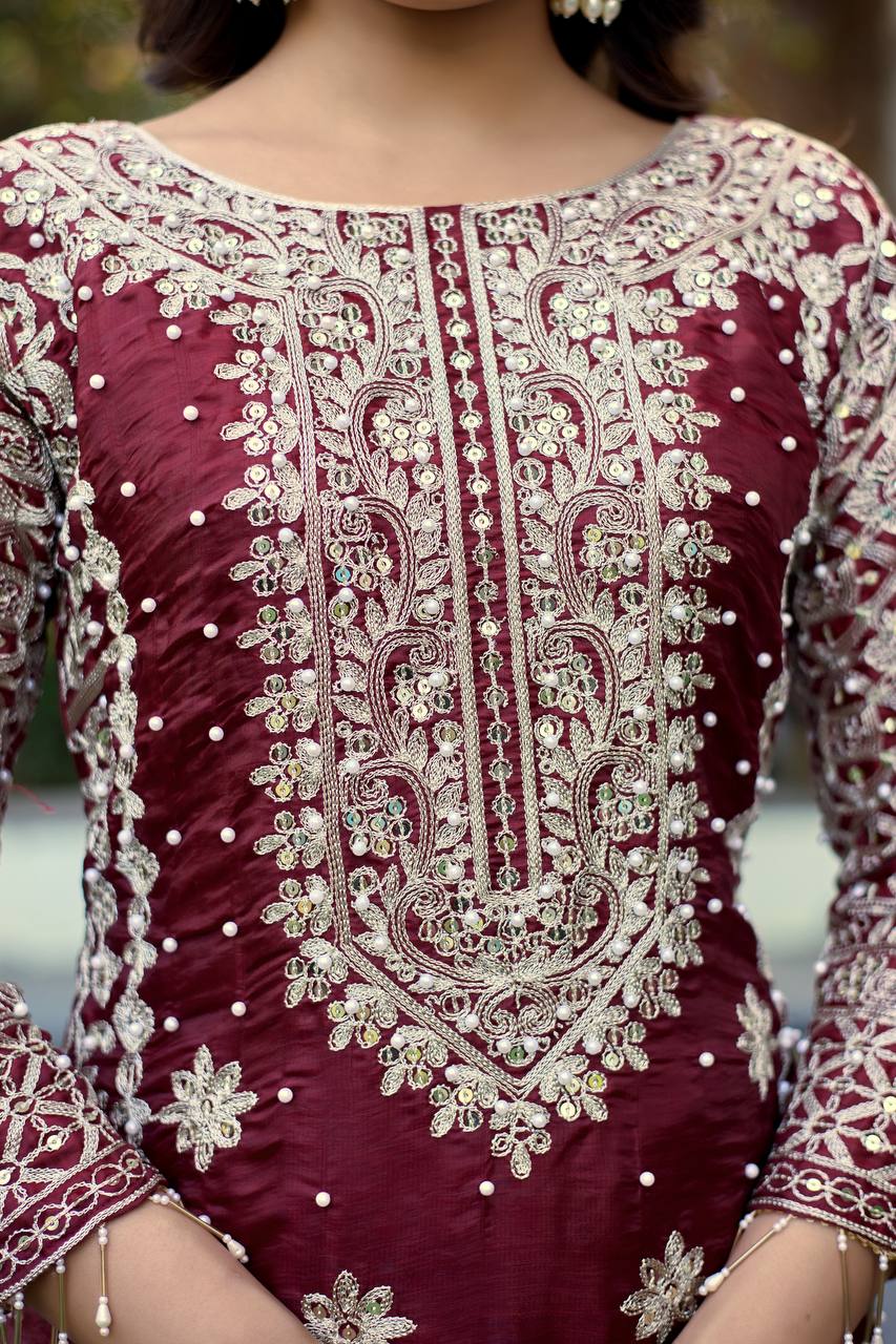 Designer GMY Silk Embroidered Top Pant Set with Dupatta | 3mm Sequins Work – D.No. 1525