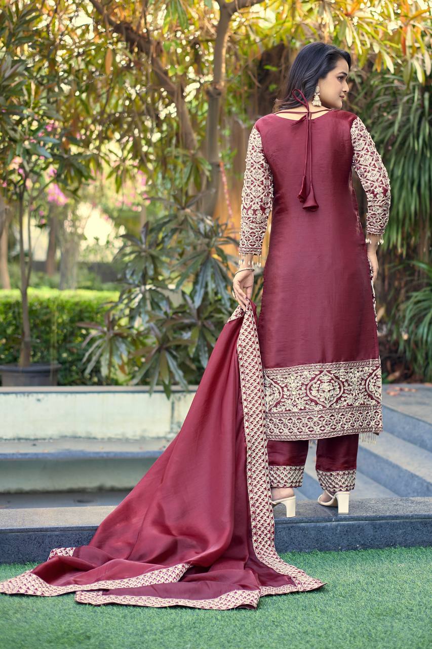 Designer GMY Silk Embroidered Top Pant Set with Dupatta | 3mm Sequins Work – D.No. 1525