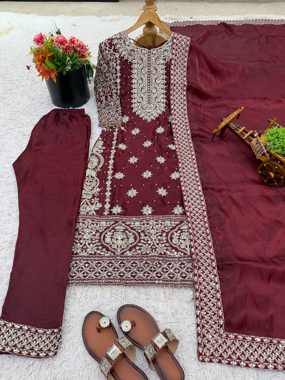 Designer GMY Silk Embroidered Top Pant Set with Dupatta | 3mm Sequins Work – D.No. 1525