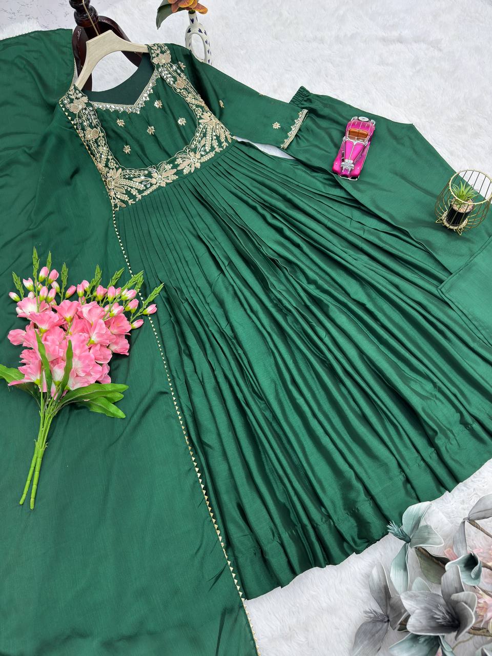 Women’s Heavy Chinon Silk Gown Set with Pant & Dupatta | D.No.- 1153
