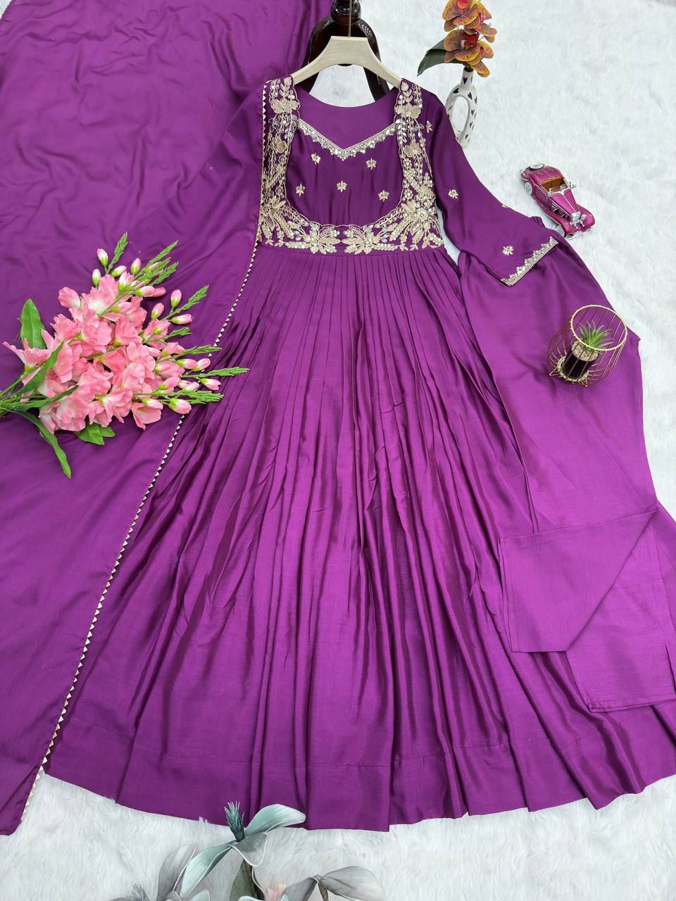 Women’s Heavy Chinon Silk Gown Set with Pant & Dupatta | D.No.- 1153