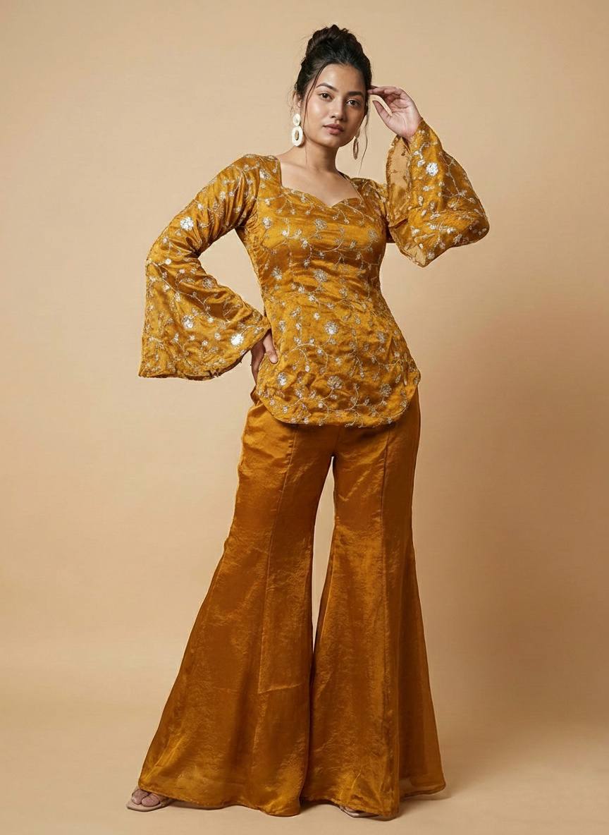 Designer Fandy Silk Embroidered Top & Palazzo Set | Ready-to-Wear Party Outfit