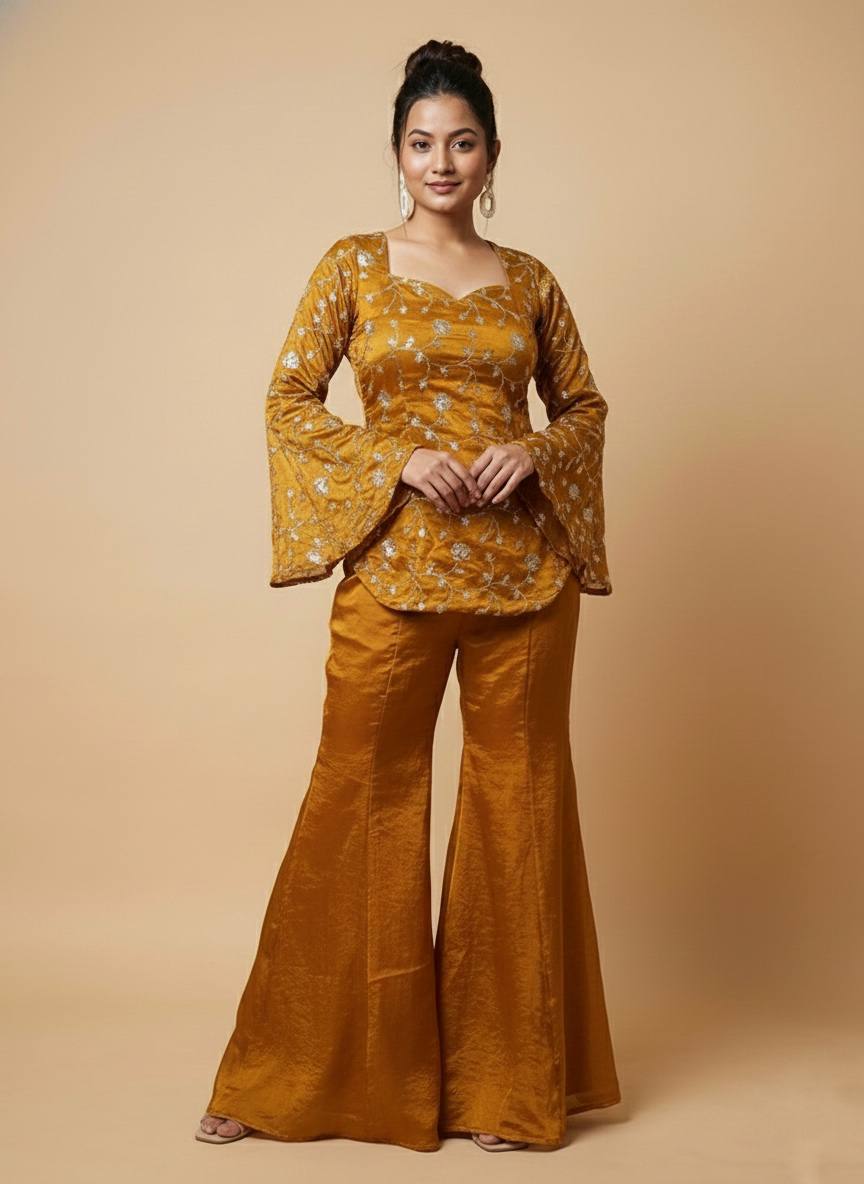 Designer Fandy Silk Embroidered Top & Palazzo Set | Ready-to-Wear Party Outfit