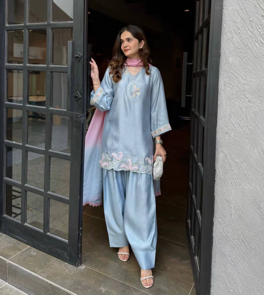 Women’s Malay Satin Silk Partywear Top With Farshi Salwar & Organza Dupatta | D.No. 1356
