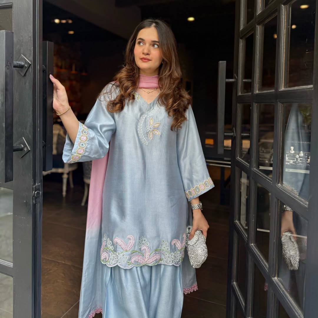 Women’s Malay Satin Silk Partywear Top With Farshi Salwar & Organza Dupatta | D.No. 1356