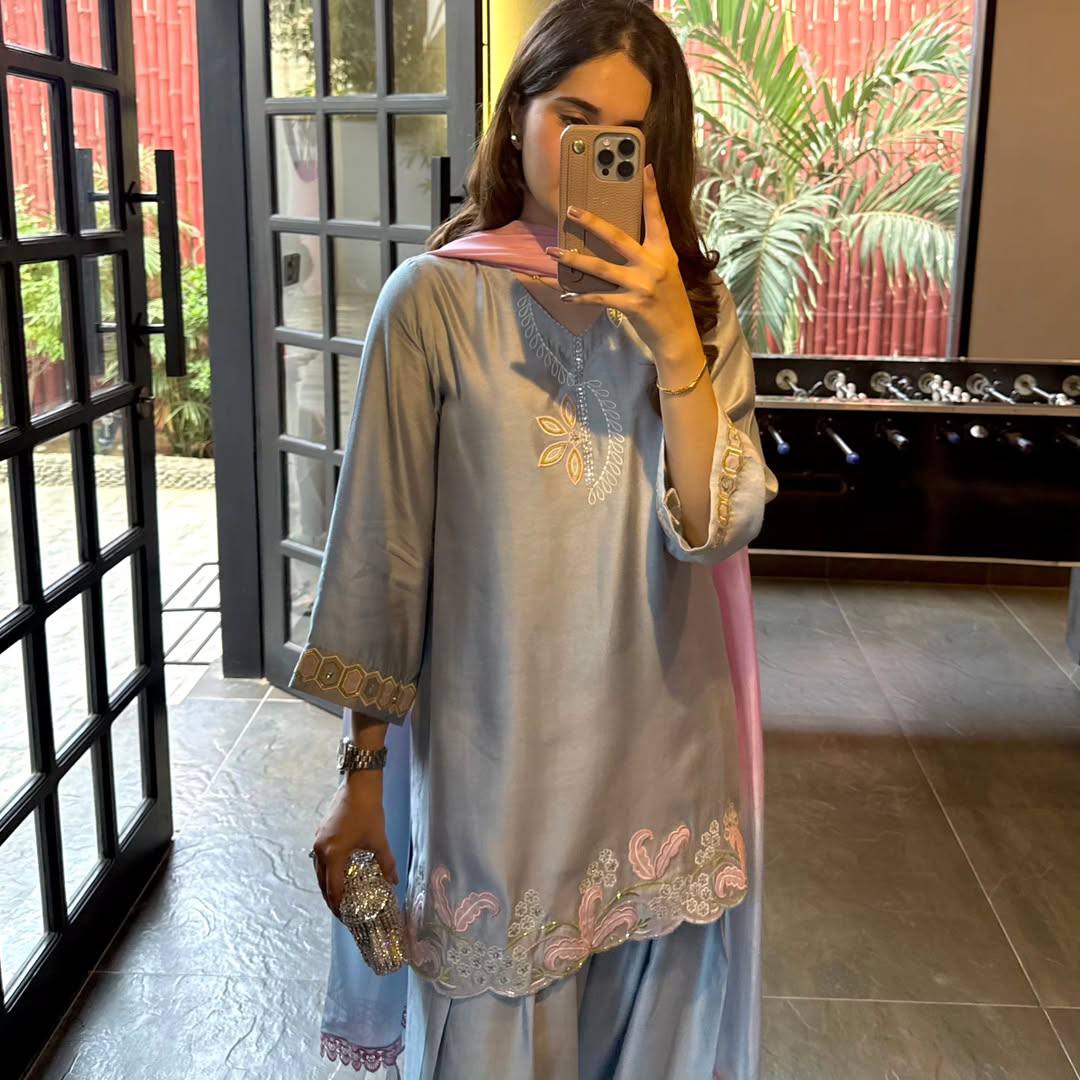 Women’s Malay Satin Silk Partywear Top With Farshi Salwar & Organza Dupatta | D.No. 1356