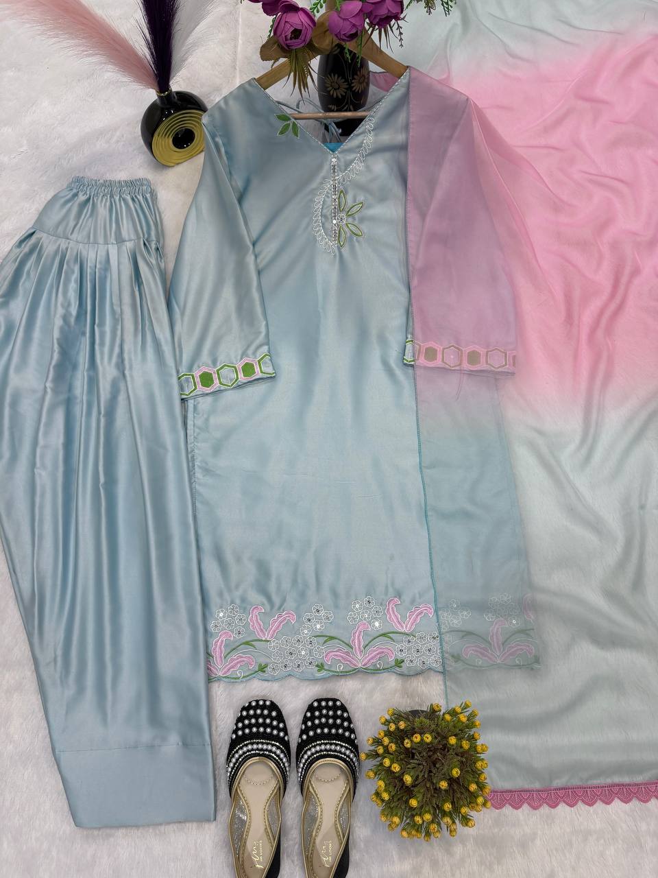 Women’s Malay Satin Silk Partywear Top With Farshi Salwar & Organza Dupatta | D.No. 1356