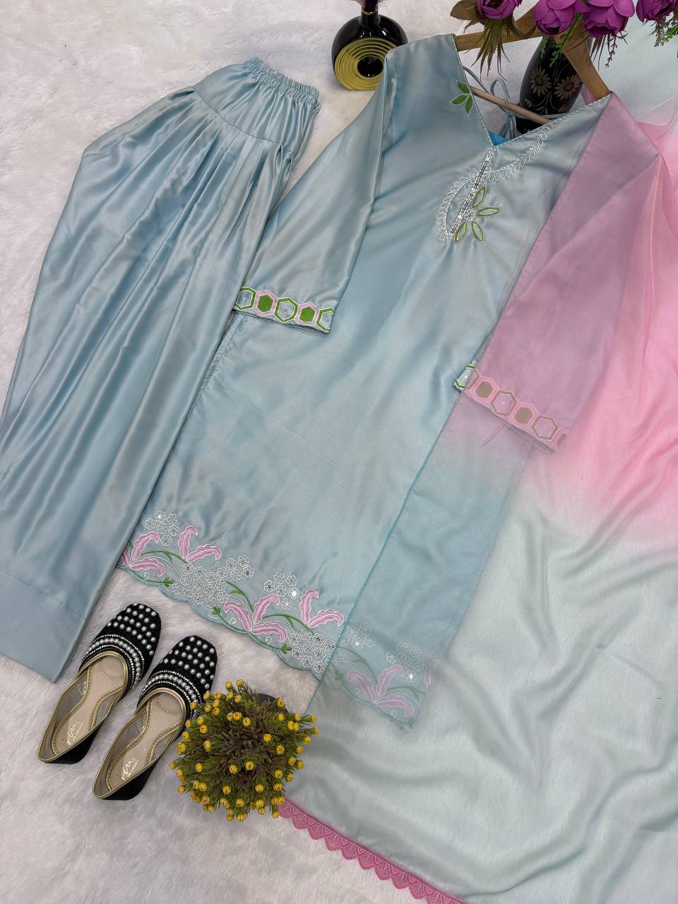 Women’s Malay Satin Silk Partywear Top With Farshi Salwar & Organza Dupatta | D.No. 1356
