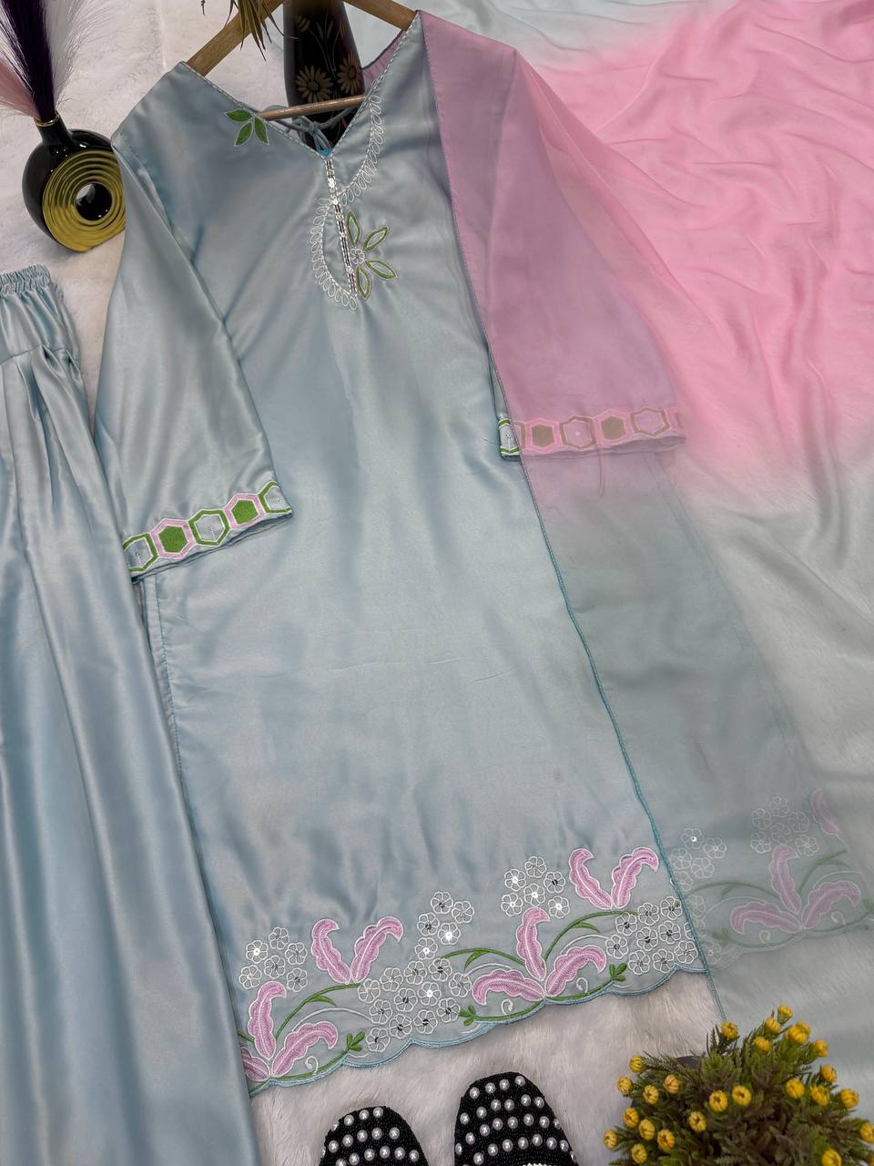Women’s Malay Satin Silk Partywear Top With Farshi Salwar & Organza Dupatta | D.No. 1356