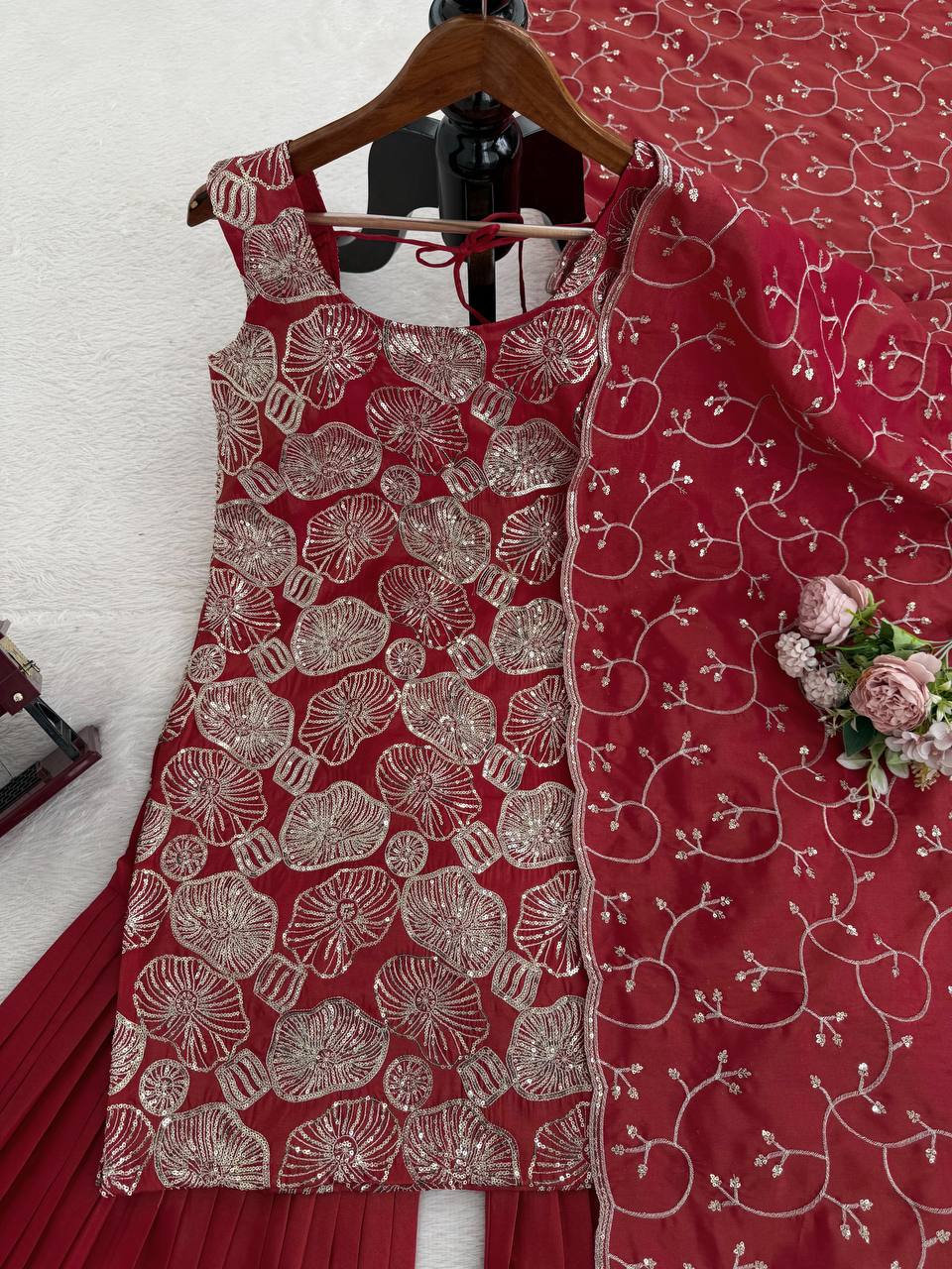 Simmer Silk Sharara Set for Women | Sequence Work Kurti with Dupatta- D.No.  1566