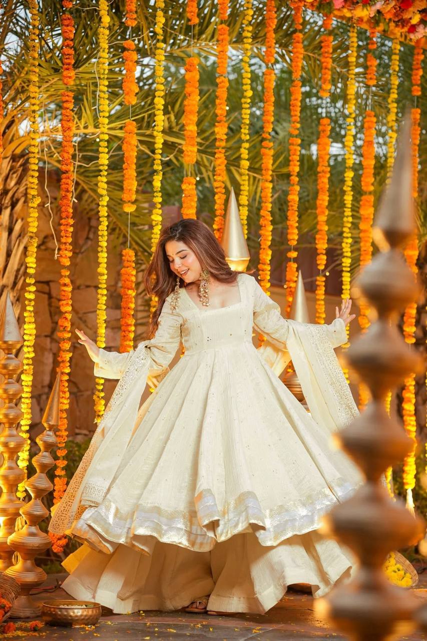 Women’s Heavy Chinnon Silk Gown Set with Plazzo & Dupatta | D.No. 1462