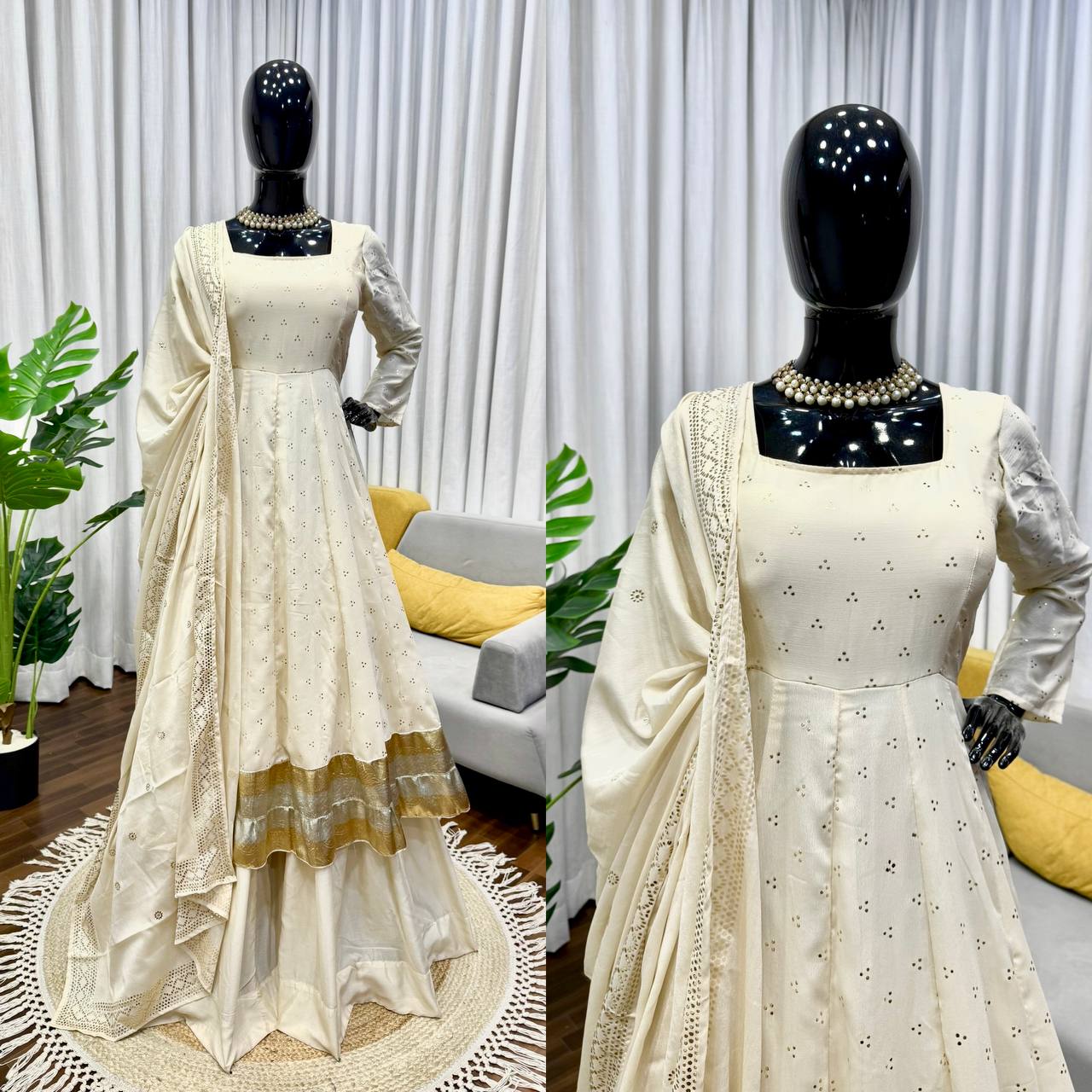 Women’s Heavy Chinnon Silk Gown Set with Plazzo & Dupatta | D.No. 1462