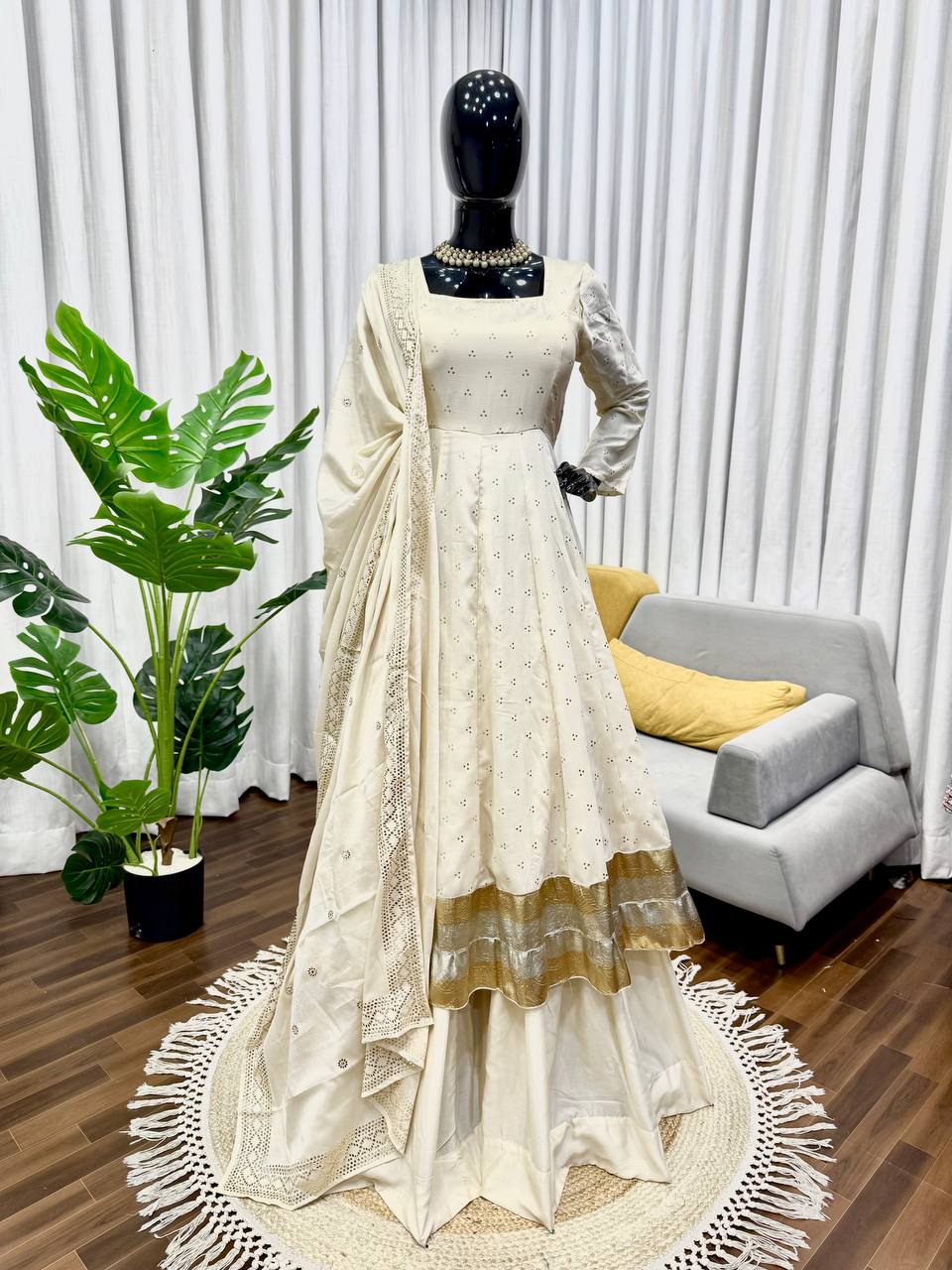Women’s Heavy Chinnon Silk Gown Set with Plazzo & Dupatta | D.No. 1462