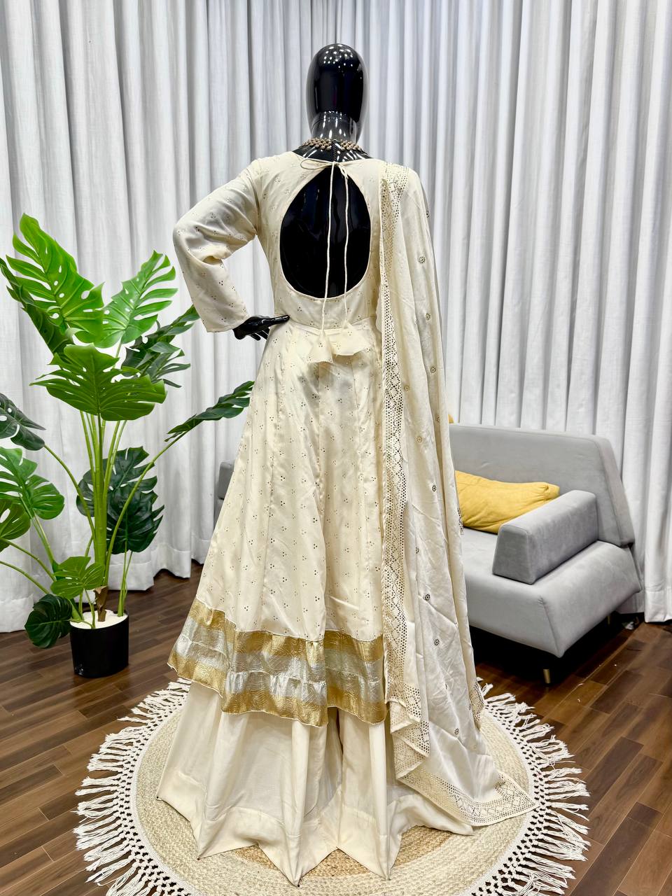 Women’s Heavy Chinnon Silk Gown Set with Plazzo & Dupatta | D.No. 1462