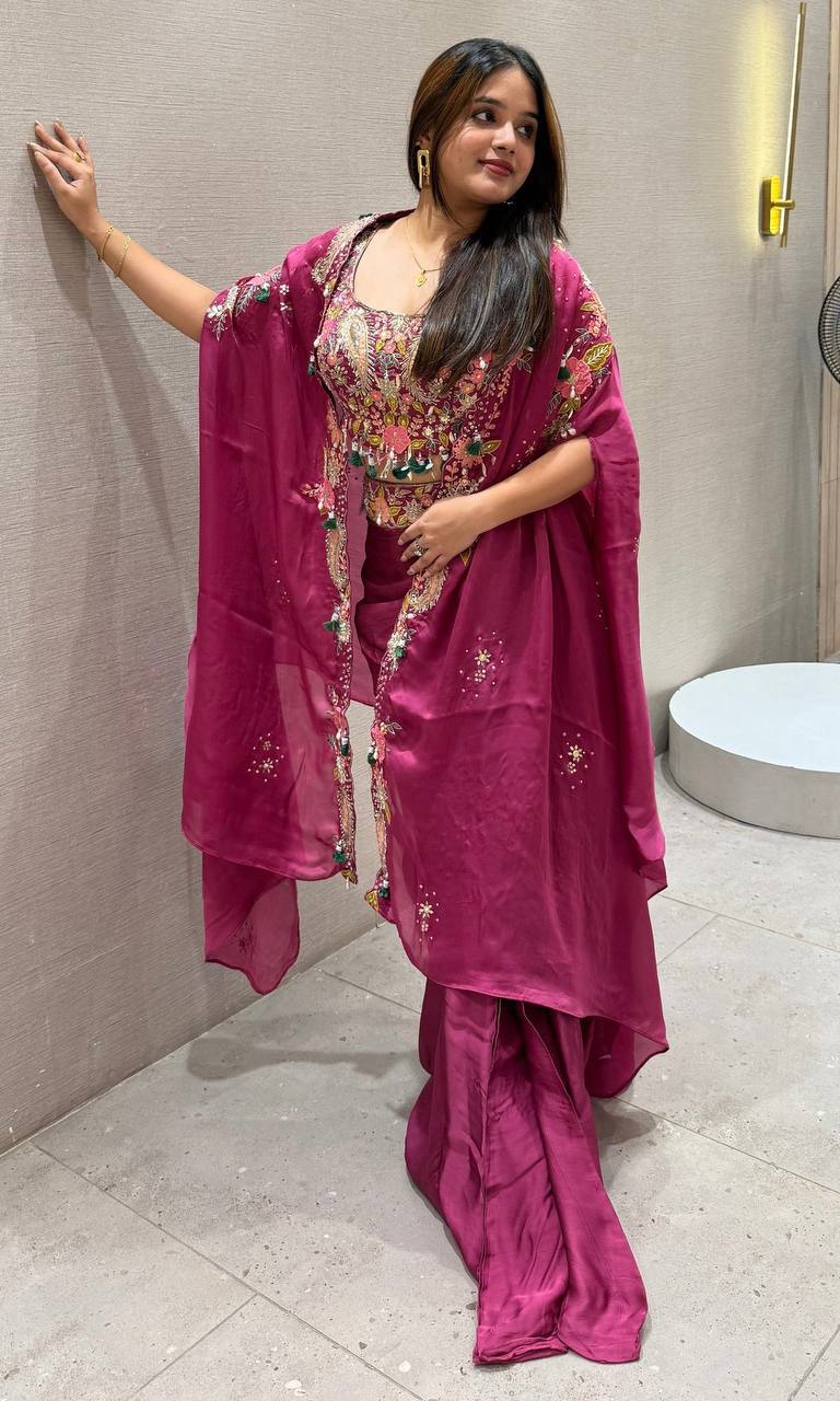 Women’s Premium Crepe Silk Partywear Shrug Set with Sharara & Blouse | D.No. 1303