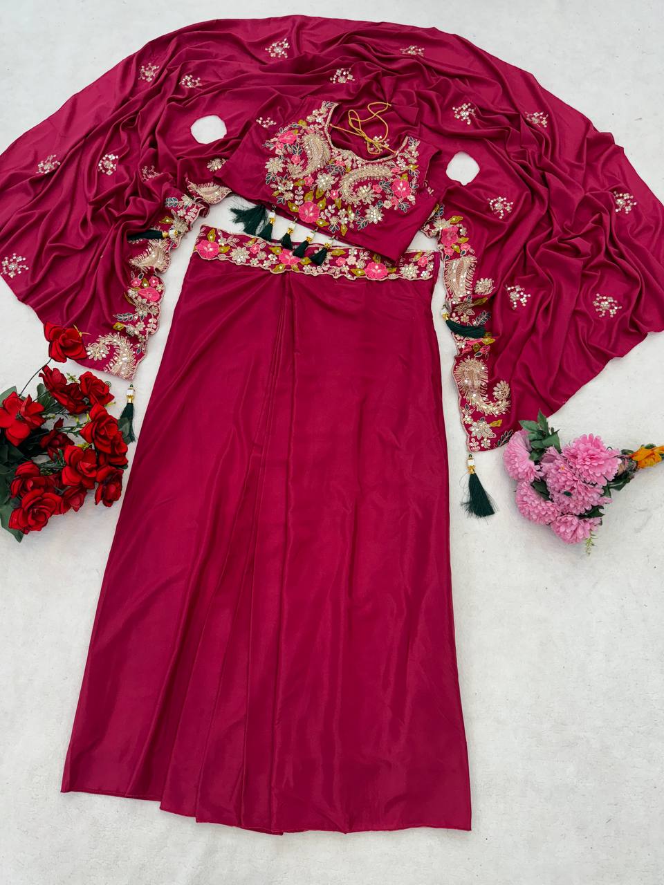 Women’s Premium Crepe Silk Partywear Shrug Set with Sharara & Blouse | D.No. 1303