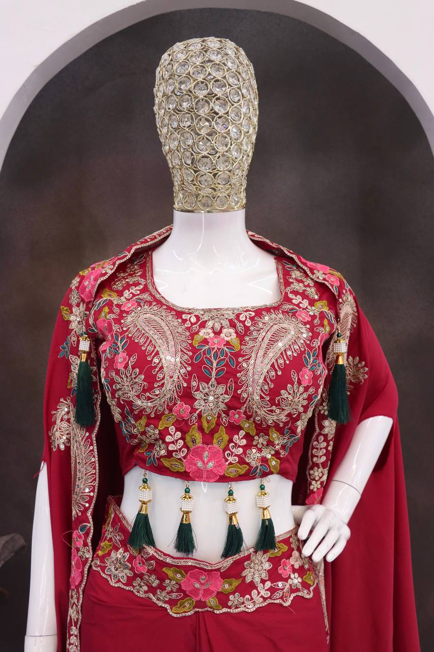 Women’s Premium Crepe Silk Partywear Shrug Set with Sharara & Blouse | D.No. 1303