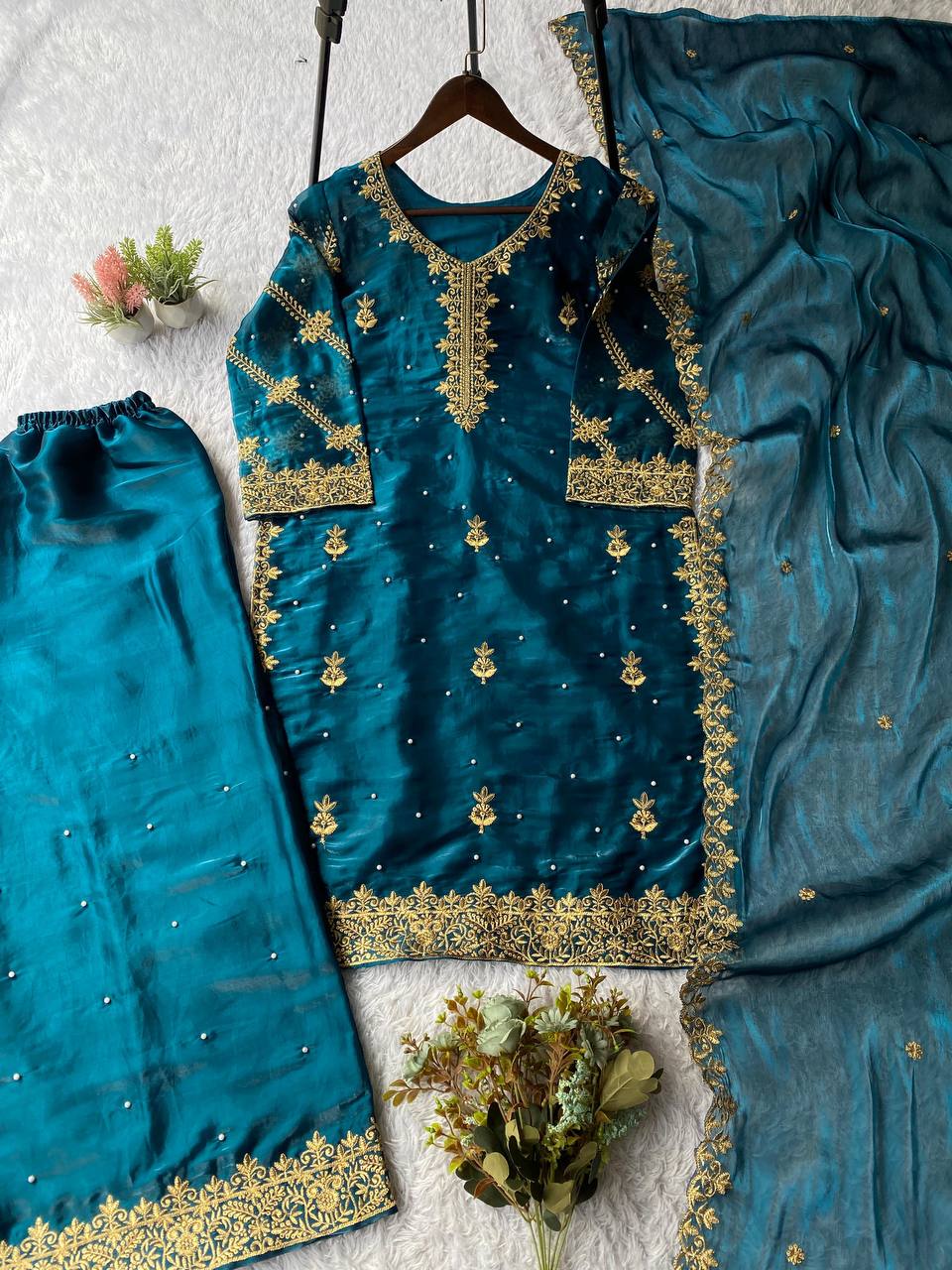 Exclusive Zimmy Choo Wedding Wear Top, Plazzo & Dupatta Set with Sequence & Beads Work I DNo.1364
