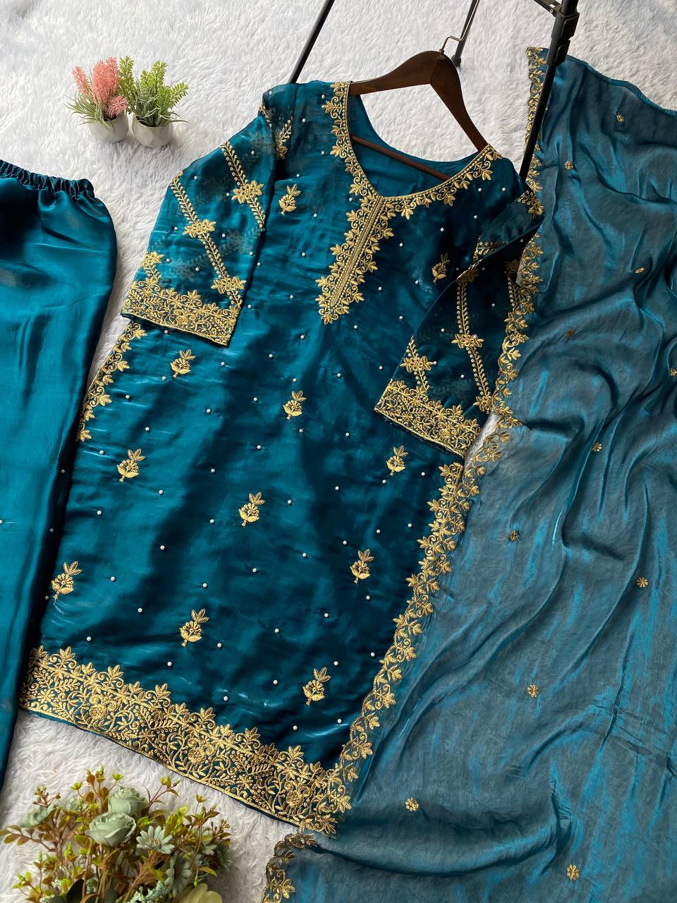 Exclusive Zimmy Choo Wedding Wear Top, Plazzo & Dupatta Set with Sequence & Beads Work I DNo.1364