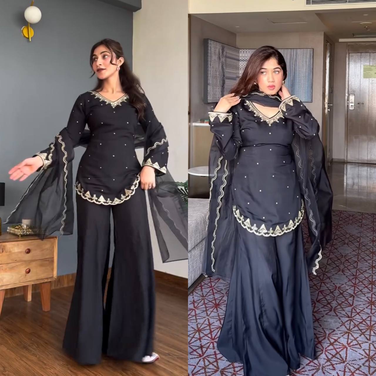 Premium Designer Crepe Silk Top Sharara Set with Embroidered Organza Dupatta