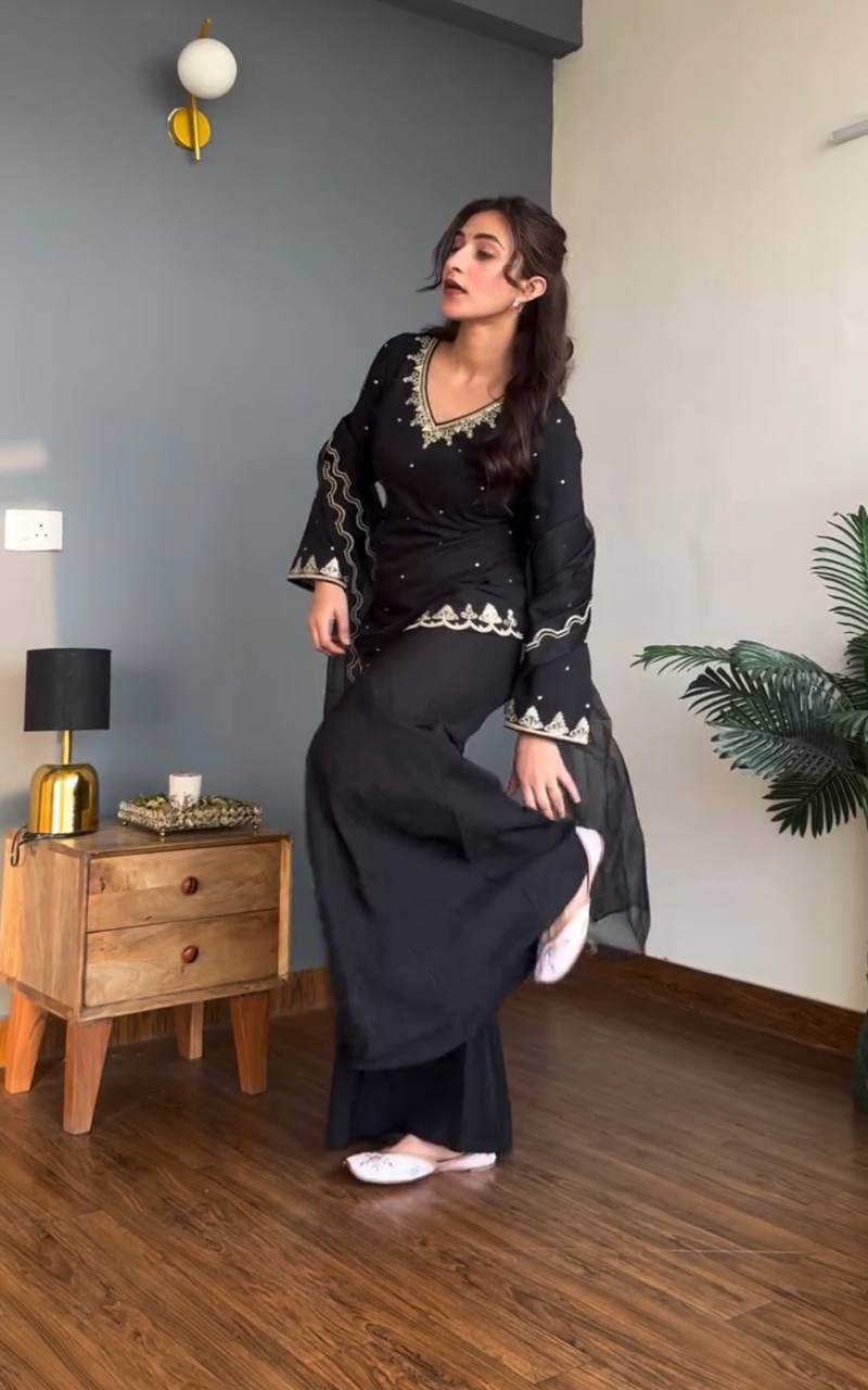 Premium Designer Crepe Silk Top Sharara Set with Embroidered Organza Dupatta