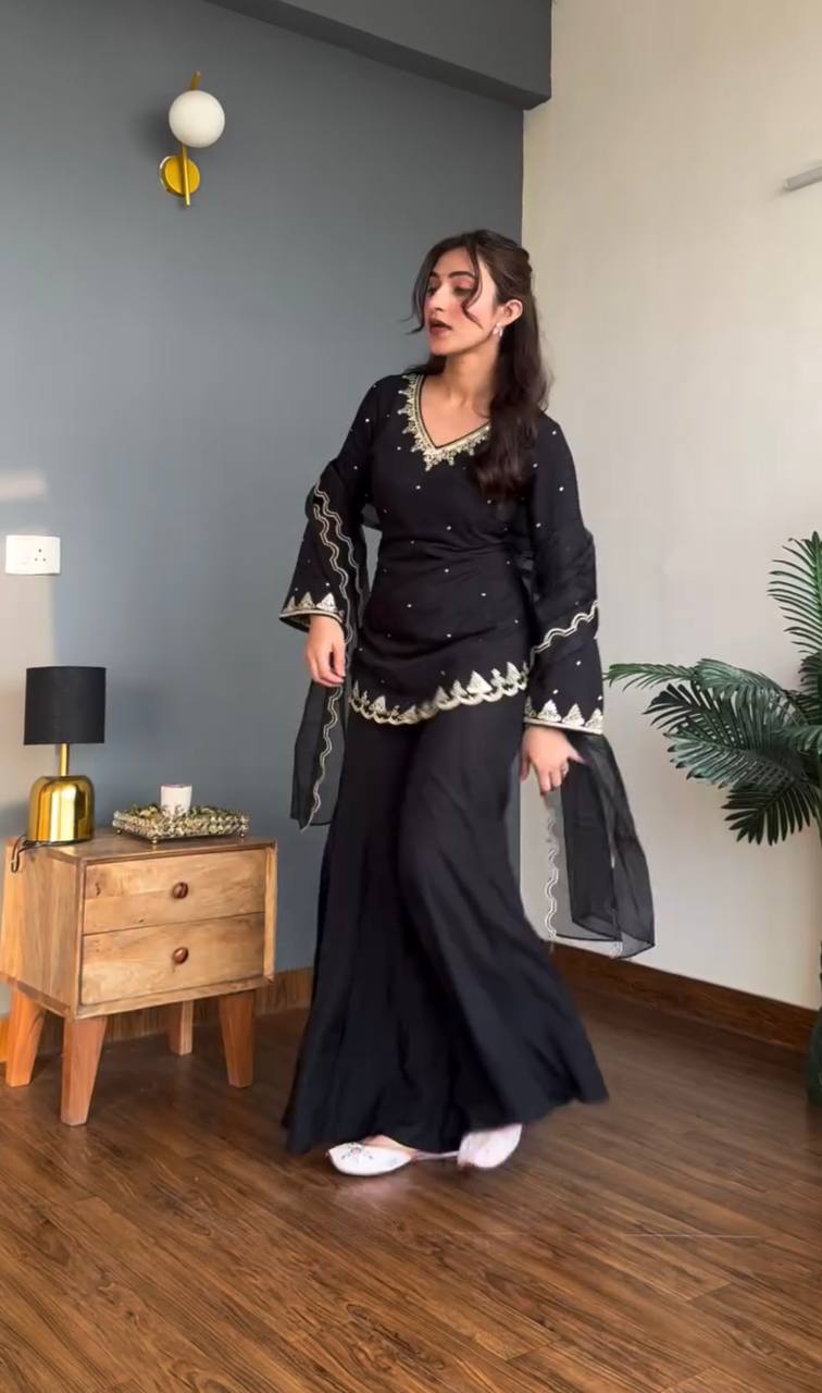 Premium Designer Crepe Silk Top Sharara Set with Embroidered Organza Dupatta