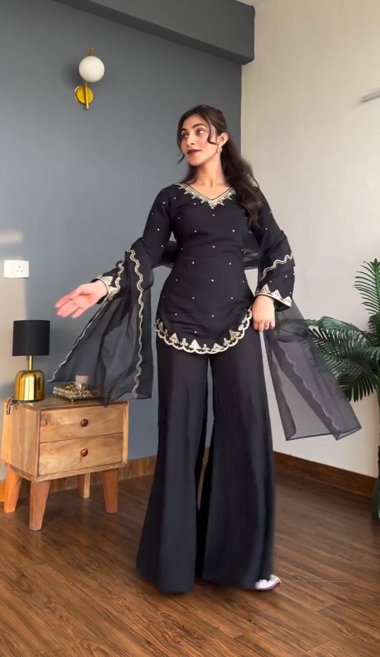 Premium Designer Crepe Silk Top Sharara Set with Embroidered Organza Dupatta