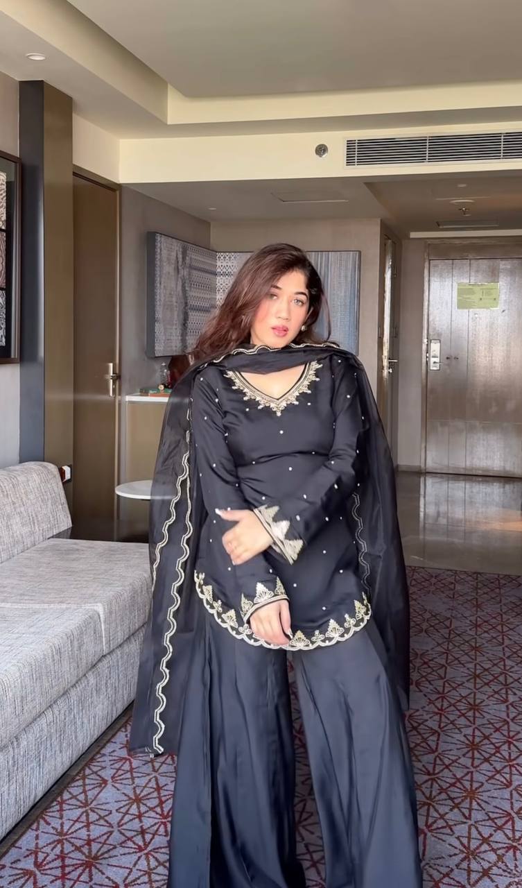 Premium Designer Crepe Silk Top Sharara Set with Embroidered Organza Dupatta