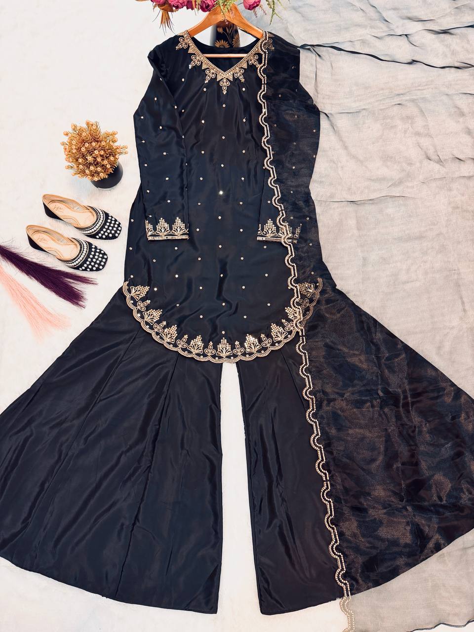 Premium Designer Crepe Silk Top Sharara Set with Embroidered Organza Dupatta