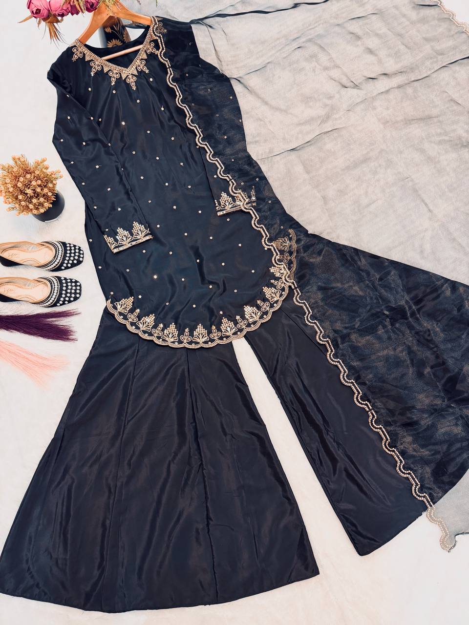 Premium Designer Crepe Silk Top Sharara Set with Embroidered Organza Dupatta