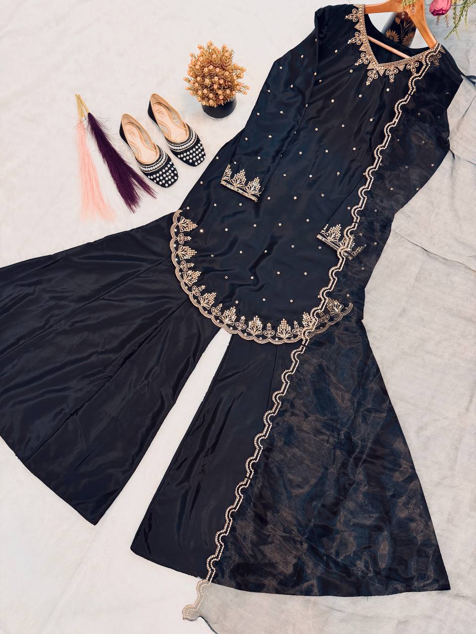 Premium Designer Crepe Silk Top Sharara Set with Embroidered Organza Dupatta
