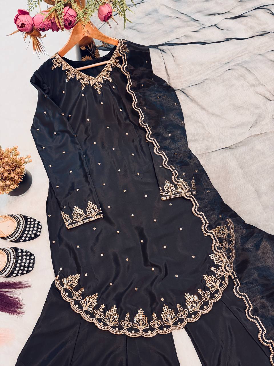 Premium Designer Crepe Silk Top Sharara Set with Embroidered Organza Dupatta