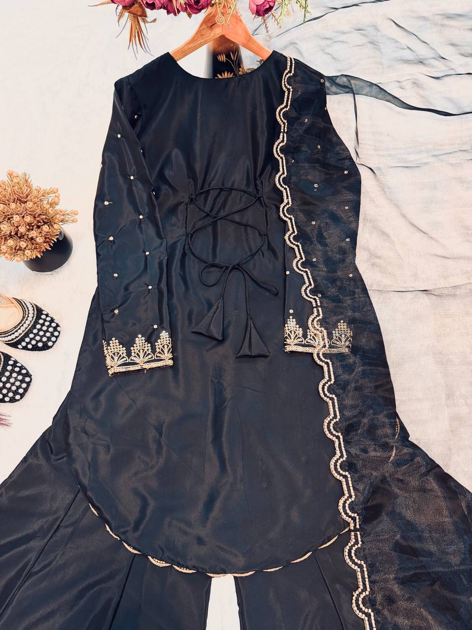 Premium Designer Crepe Silk Top Sharara Set with Embroidered Organza Dupatta