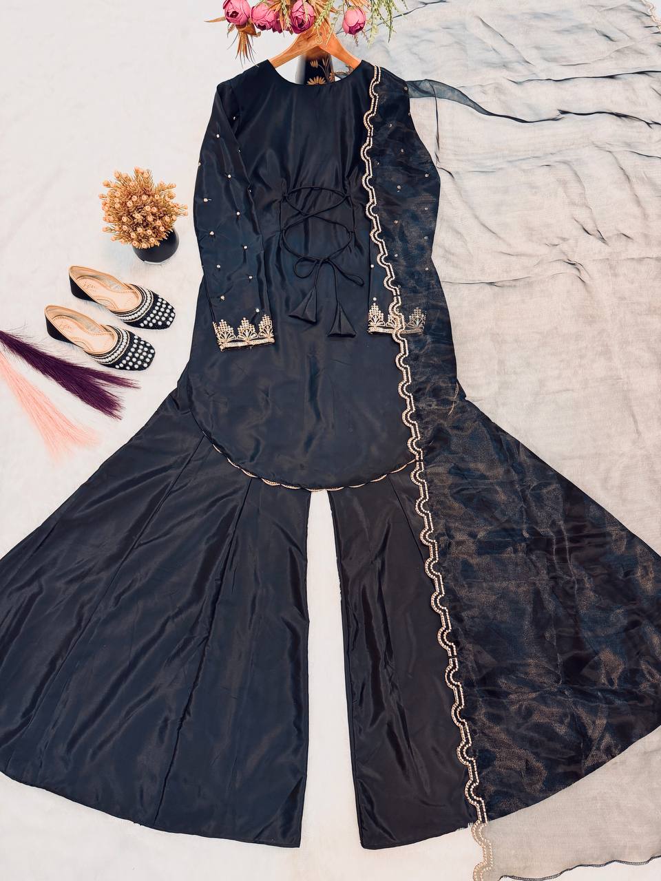 Premium Designer Crepe Silk Top Sharara Set with Embroidered Organza Dupatta