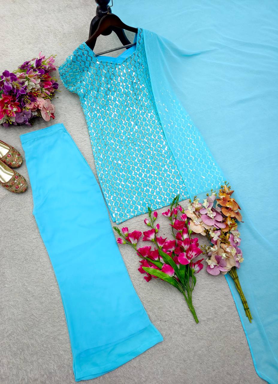 Pure Fox Georgette Embroidered Top, Palazzo & Dupatta Set – Ready to Wear Party Look I DNo.1102