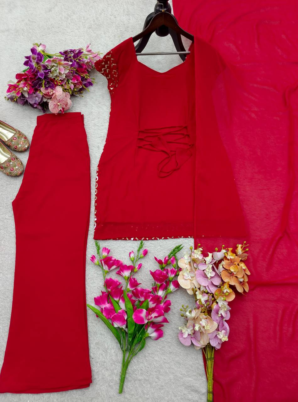 Pure Fox Georgette Embroidered Top, Palazzo & Dupatta Set – Ready to Wear Party Look I DNo.1102