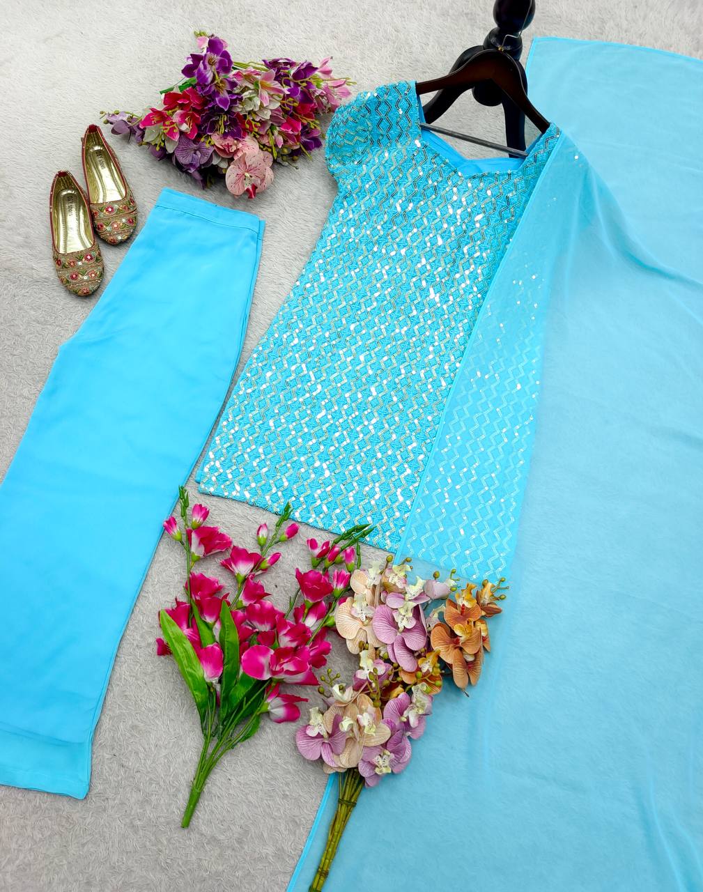 Pure Fox Georgette Embroidered Top, Palazzo & Dupatta Set – Ready to Wear Party Look I DNo.1102