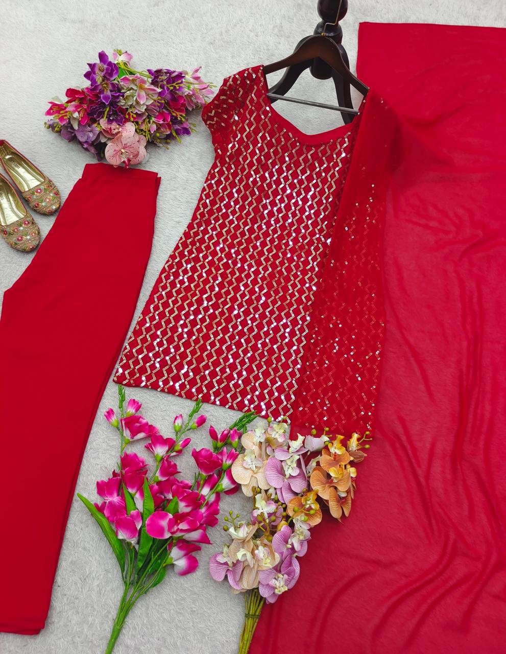 Pure Fox Georgette Embroidered Top, Palazzo & Dupatta Set – Ready to Wear Party Look I DNo.1102