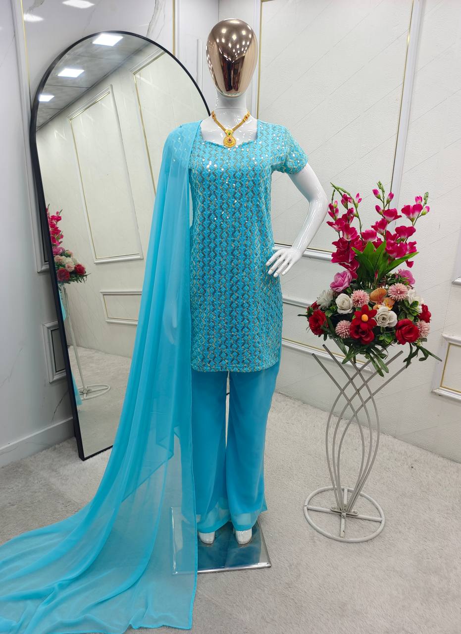 Pure Fox Georgette Embroidered Top, Palazzo & Dupatta Set – Ready to Wear Party Look I DNo.1102